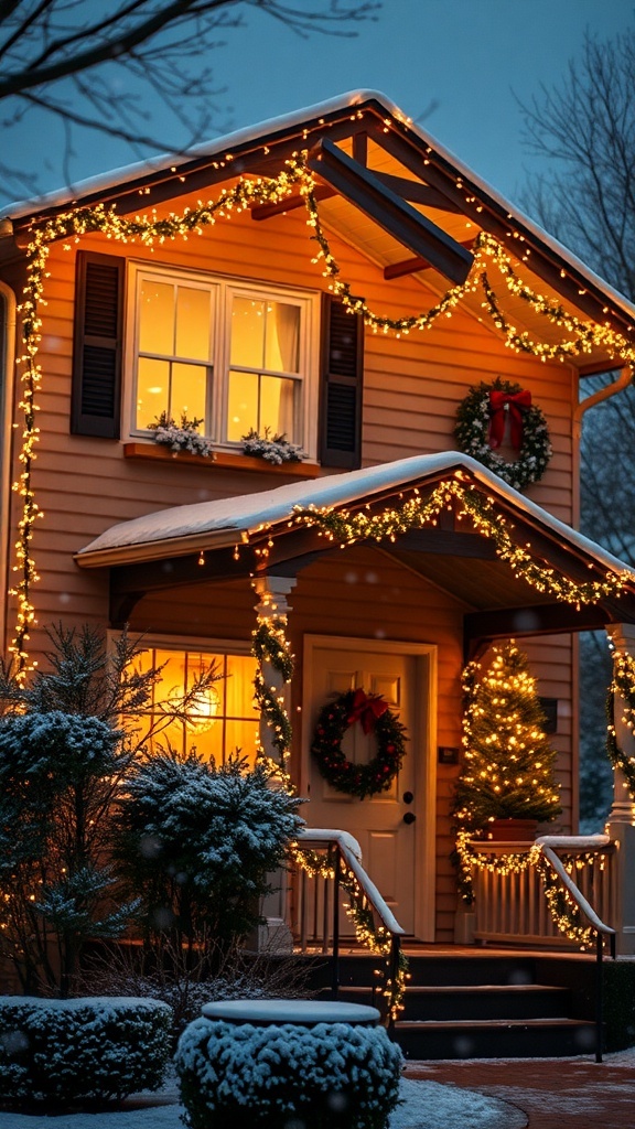A cozy home decorated with Christmas lights and a wreath, surrounded by snow.